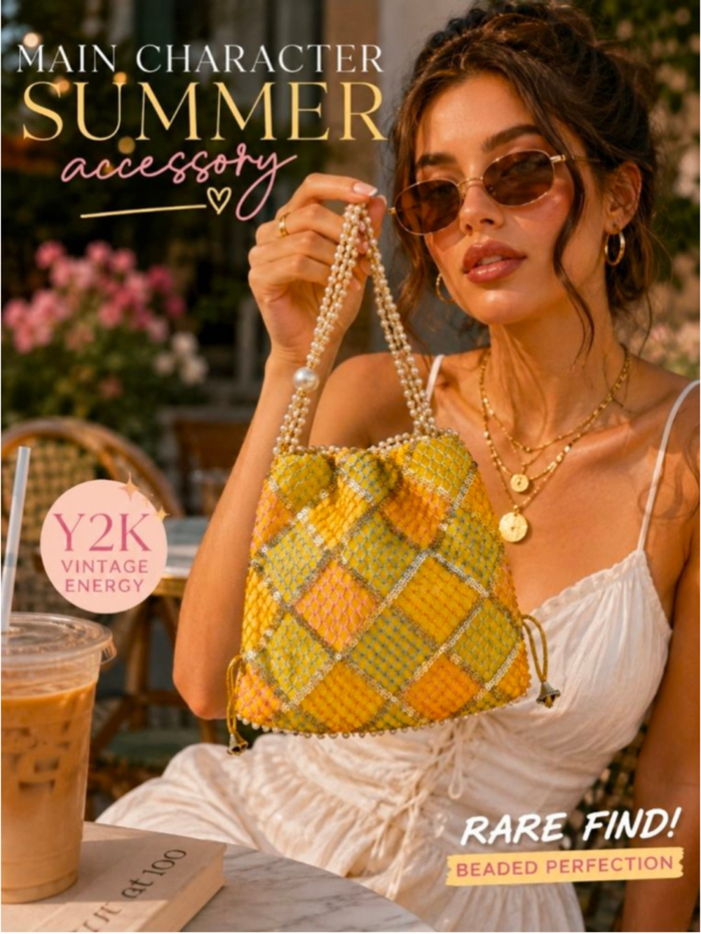 Vintage Inspired Beaded Mini Drawstring Bag Y2K Coquette Pearl Party Pouch